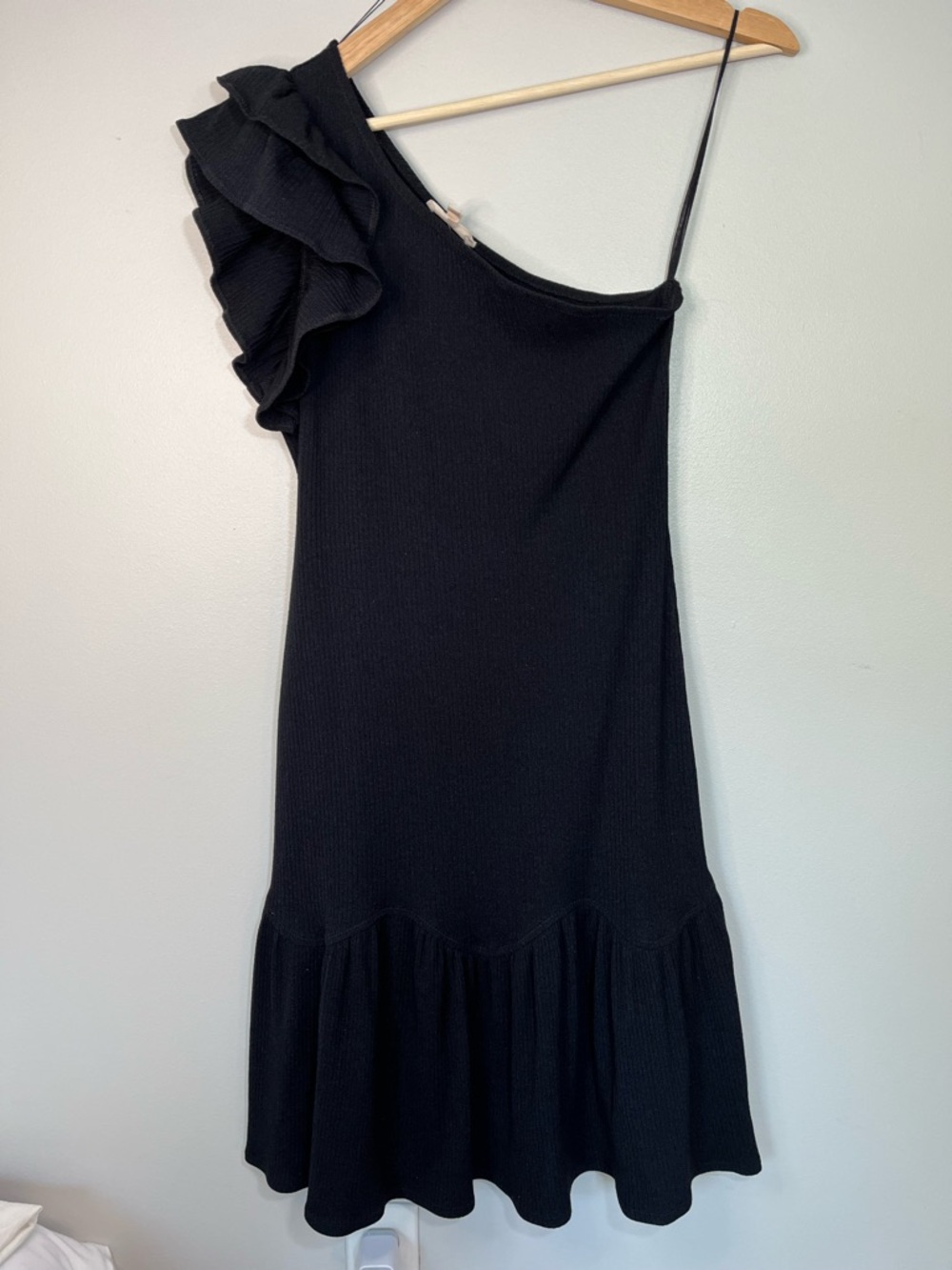 Rebecca Taylor One-Shoulder Black Ribbed Knit Ruffle Cocktail Dress Women’s XS